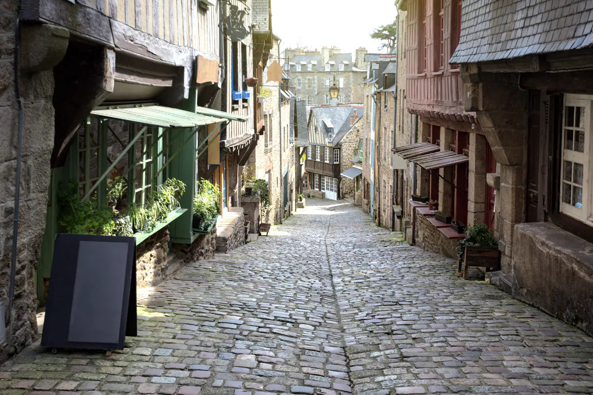 A cobblestone street in Dinan, France.