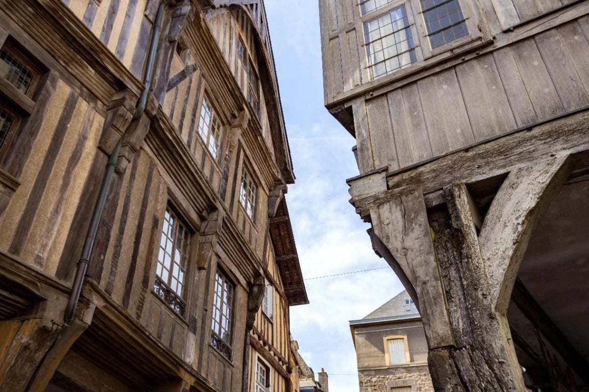 Half-timbered houses in the medieval city of Dinan, France.