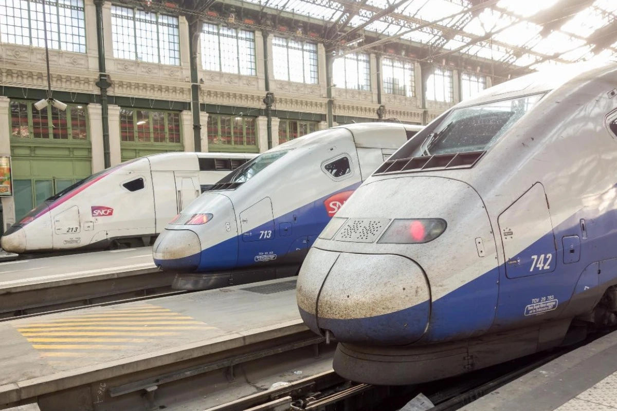High speed TGV trains at the ready in central Paris.