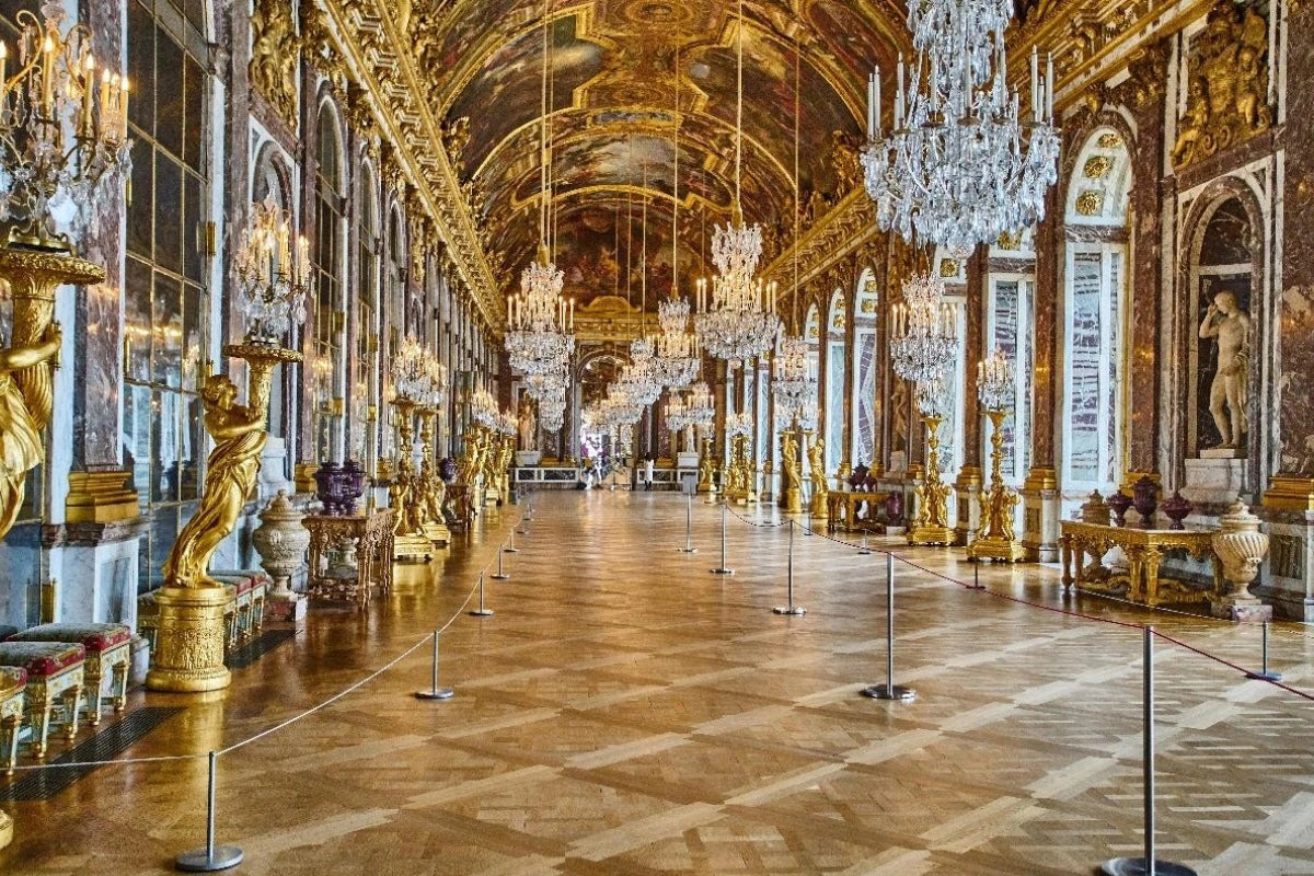 The opulent Hall of Mirrors at the Palace of Versailles.