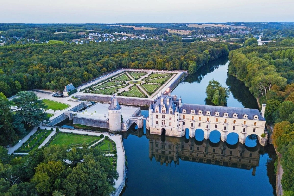 Chenonceau castle from the air over the river Cher.