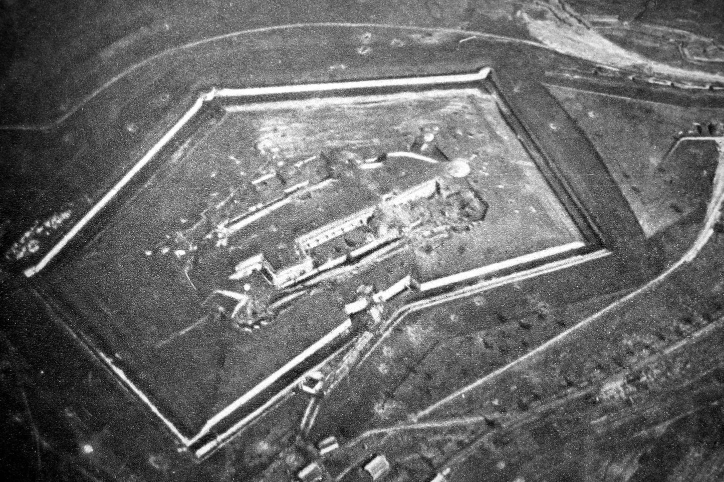 An aerial view of the massive Fort de Douaumont. Much of the Fort was destroyed during the battle of Verdun.