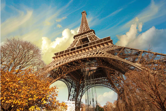A dramatic photo of the Eiffel Tower in the fall.