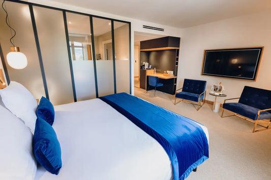 The interior of a room at Hotel Le Cedre in Beaune, France.