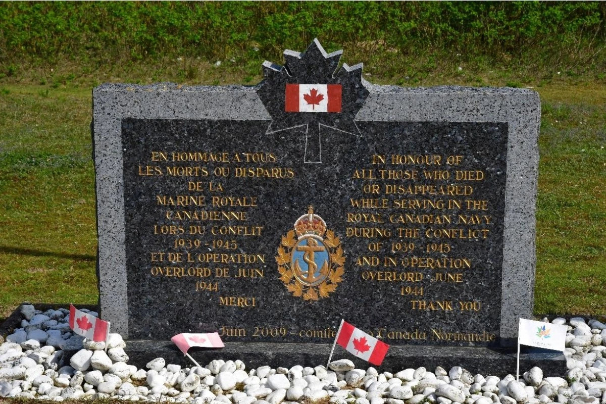 A memorial plaque in Normandy honoring Canadians killed during WWII and on D-Day and the ensuing days.