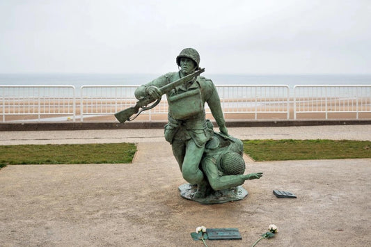 A statue of two American soldiers at Omaha Beach in Normandy.