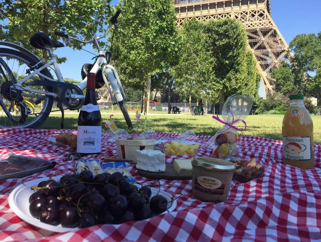 A picnic near the Eiffel Tower in the summer.