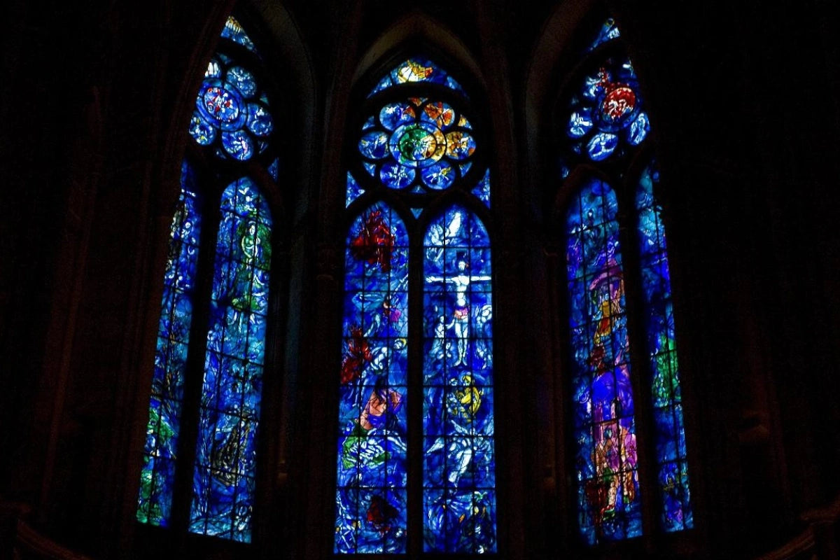 Stained glass at the historic cathedral in Reims, France.
