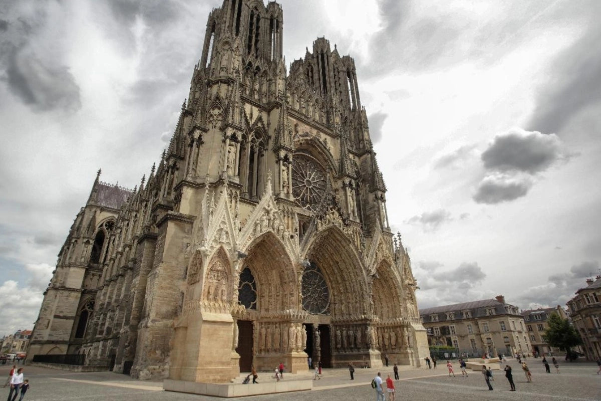 The plaza in front of historic Reims cathedral.
